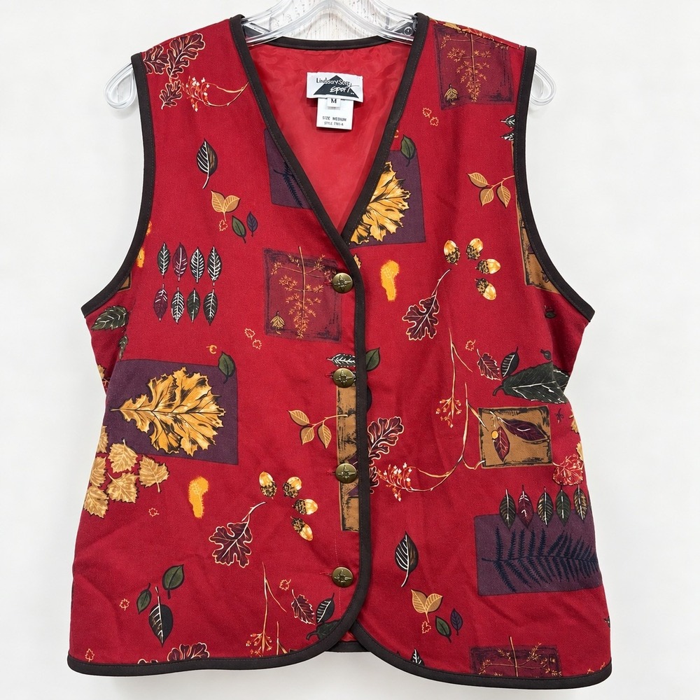 Vtg 90s Women Vest M Burgundy Red Fall Autumn Leaf Cottagecore Artsy Boho USA